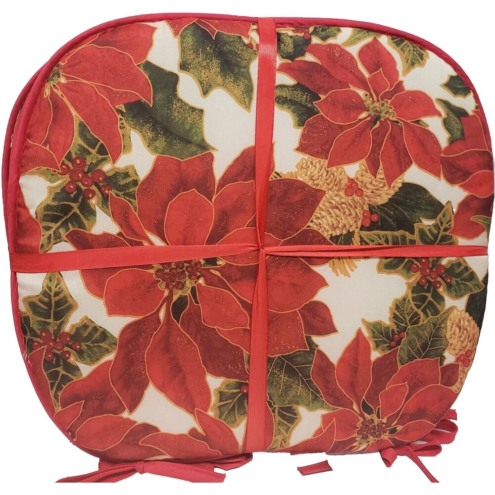 SET OF 4 CHAIR CUSHION PADS w/ties, 15x15", CHRISTMAS POINSETTIA FLOWERS # 2, BH